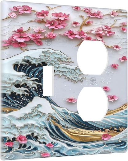 Wallplates The Great Wave Off Kanagawa With Sakura 1 Toggle 1 Duplex Switch Plate Electrical GFCI Faceplate Decorative Light Switch Covers for Bedroom Bathroom Decor