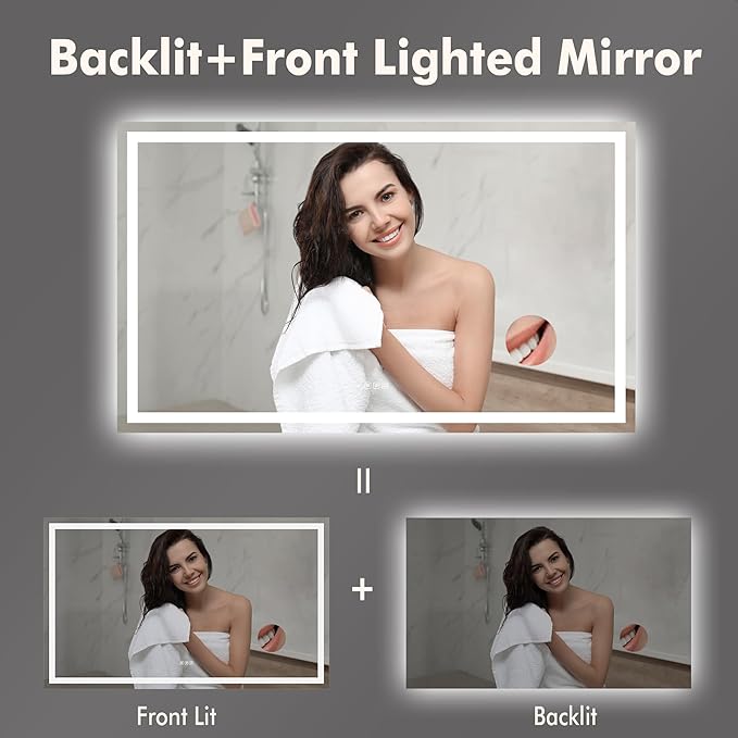 GarveeHome 60x36 LED Bathroom Mirror with Lights, Dimmable, Anti-Fog, Backlit + Front Lit, and 3X Magnification Mirror, Smart Bathroom Vanity Mirror for Wall, Memory Function, Shatter-Proof