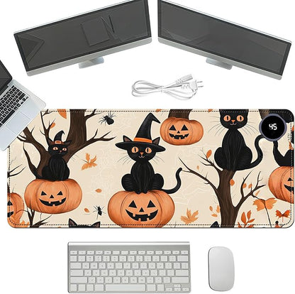 Heated Mouse Pad with 3 Temperature Settings(104°F–122°F),Large 31.5x13 Inch PU Leather Heated Desk Mat,Waterproof Warming Pad for Office,Gaming & Cold Hands Relief,Black Cats Pumpkins