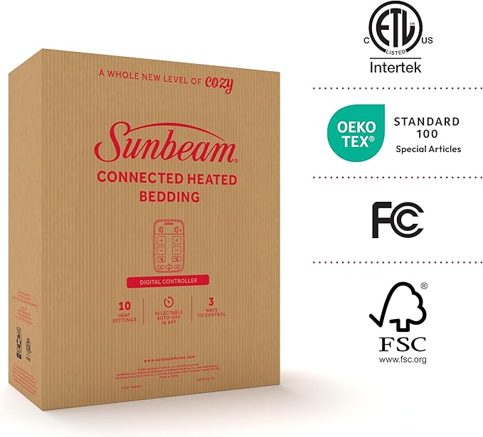 Sunbeam Electric Wi-Fi Connected Loftec Electric Heated Blanket, 10 Heat Settings, 10-Hour Auto Off, Fast Heating, Smart Heating Blanket, Voice & Wired Controller, Night Fog Grey, Full, 84" x 72"