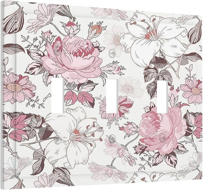 Decorative Switch Plates Modern Watercolor Flower Pink White Wildflower 3 Gang Wall Plate Faceplate Triple Toggle Light Switch Cover Electrical Wall Panels for Bedroom Home Decor