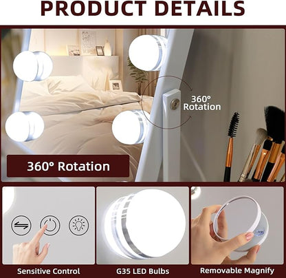 VANITII Vanity Mirror with Lights Hollywood Lighted Makeup Mirror with 9 Dimmable Bulbs Smart Touch Control 3 Colors Light for Bedroom, Detachable 10X Magnification, 360°Rotation