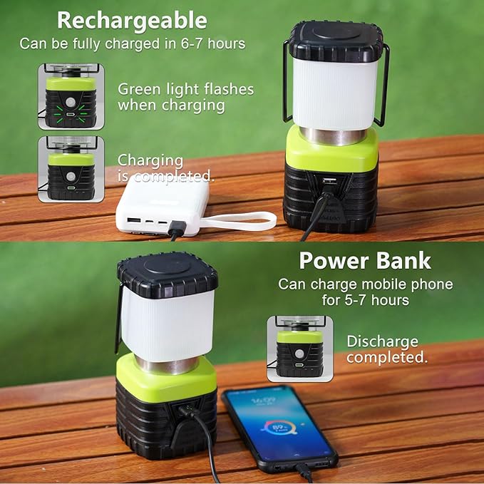 1PCS 6500K White Light LED Camping Lantern Rechargeable 1000LM, 4500mAh Power Bank, Flashlight for Hurricane Emergency, Hiking, IP44 Waterproof Lantern(Black)