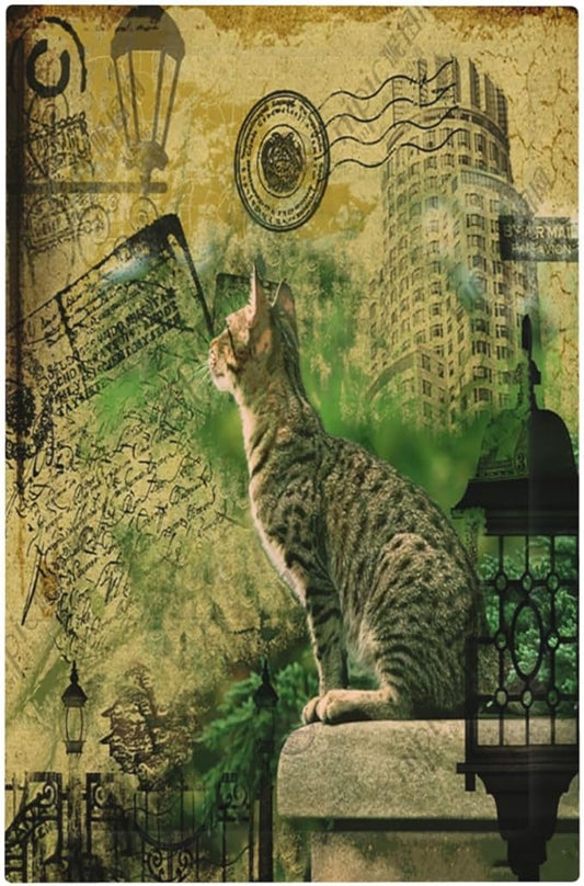Light Switch Cover Plate Vintage Style Cat City Stamp 1 Gang No Device Blank Wall Plate Electrical Outlet Cover Decorative Switch Plate Covers for Bedroom Home Decor