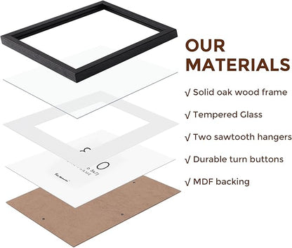 8x10 Picture Frame Black Set of 3, Solid Oak Wood Photo Frames 8 x 10 for Wall, Real Glass 8"x10" Frame with Stand, 8 by 10 Black Wood Frame, 8x10 Matted Frame for 5x7
