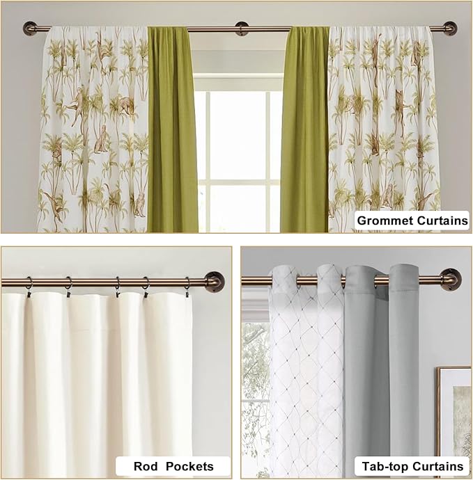Industrial Curtain Rods 18 to 144 in,Blackout Curtain Rod,Adjustable Length,1 in Diameter Pipe,with Aluminium Finials (Antique Brass, 18” to 144”)