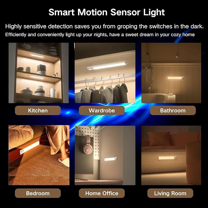 Motion Sensor Under Cabinet Lighting-Magnetic Rechargeable Closet Lights for Kitchen,Stairs,Wardrobe | 3-Color Dimmable LED Under Counter Lighting | Pro Battery Upgrade (1, 16 inch)