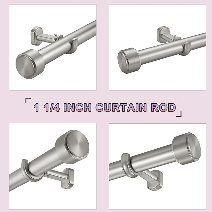 Heavy Duty Curtain Rods,1 1/4" Large Diameter Premium Nonadjustable Curtain Rod,96in/8ft Custom Window Treatment Rods with Durable Aluminum Brackets and End Caps,Brushed Nickel Finish