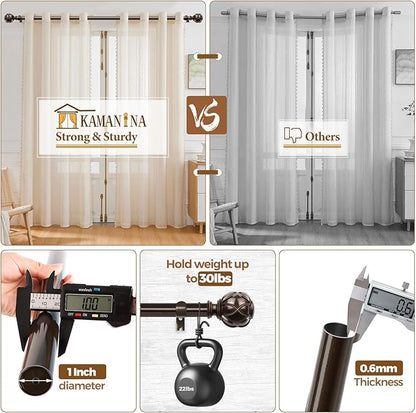 KAMANINA 1 Inch Extra Long Curtain Rod 140 to 195 Inches Bronze Heavy Duty Curtain Rods for Windows 120 to 170 Inch, Adjustable Drapery Rods with Netted Texture Finials