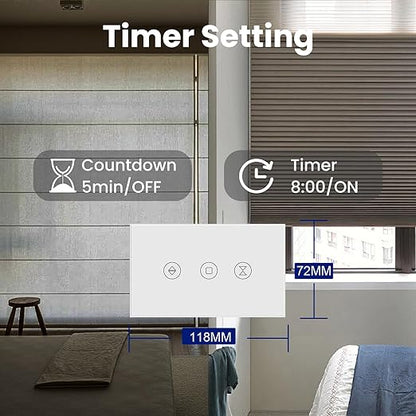 Smart Roller Shutter Switch 118X72X34MM Need Neutral Wire,2.4GHz WiFi Roller Shutter Switch, Tempered Glass Panel, Compatible with Alexa and Smart Life, White WiFi-Roller Shutter