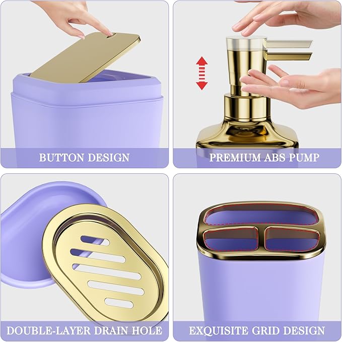 Bathroom Accessory Set, 11PC Bathroom Set, Purple Bathroom Accessories, Bathroom Accessories Set with Trash Can, 3PC Soap Dispensers and Toilet Brush