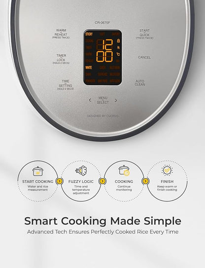 CUCKOO Micom Rice Cooker 6-Cup Uncooked / 12-Cup Cooked with Nonstick Inner Pot, Versatile Rice Maker with 9 Menu Options, Fuzzy Logic Technology, Auto Clean, Quick Rice Mode, Gray (CR-0675FG)