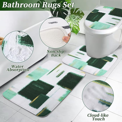 Bathroom Set - Dark Green Bathroom Accessories Set, Bathroom Sets with Shower Curtain and Rugs, Green Shower Curtain Set with Bathroom Trash Can, Soap Dispenser, Soap Dish for Home Decor