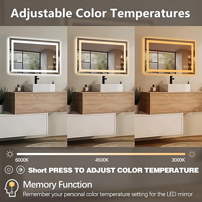 Niccy 32" x 20" LED Bathroom Mirror with Lights, Backlit and Front Lit, Lighted Vanity Mirror for Wall with 3 Colors, Anti-Fog, Shatter-Proof, Memory for Bedroom, Horizontal/Vertical