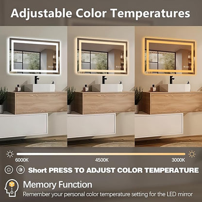 Niccy 32" x 20" LED Bathroom Mirror with Lights, Backlit and Front Lit, Lighted Vanity Mirror for Wall with 3 Colors, Anti-Fog, Shatter-Proof, Memory for Bedroom, Horizontal/Vertical