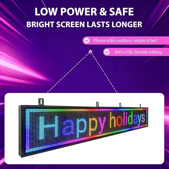 Programmable Led Sign with Full Color Display - Energy Saving and Waterproof Led Message Board for Schools, Shops and Cafes, Supports wifi Connection,77"x14"