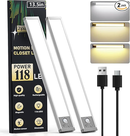 Under Cabinet Lighting 13.5Inch, 3200mAh Under Cabinet Lights Motion Sensor 3 Color, Rechargeable 118LED Magnetic Light Bar Indoor,Wireless Battery Operated Closet Lights for Kitchen Home Stairs,2Pack