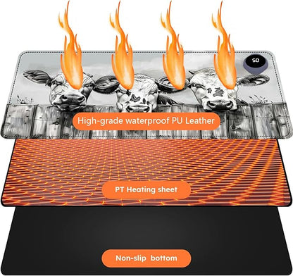 Heated Mouse Pad with 3 Levels Heated & 3 Hours Auto Shut-Off Mouse Pad for Warming Hands in Office Home, 31.5" x 13"Large Safe Desk Mat Hand Warmer，Three Lovely Cows
