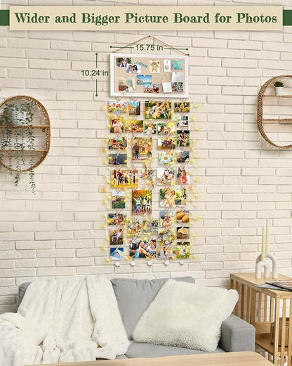 Bikoney Large Collage Picture Frame with Bulletin Board, Hanging Photo Display for Multiple Pictures, Wall Photo Organizer with 30 Clips & 6 Pushpins, Self Adhesive Hooks – No Drill Wood Photo Board for Room Decor