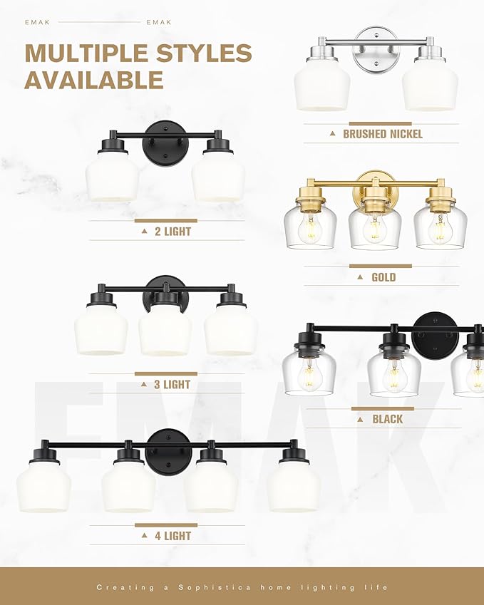 Emak 29 Inch Black Vanity Light, Farmhouse Bathroom Light Fixtures Wall Sconces with Milk Glass Shade, 4-Light Vanity Lights for Bathroom, Mirror, VL122-BK-ML-4