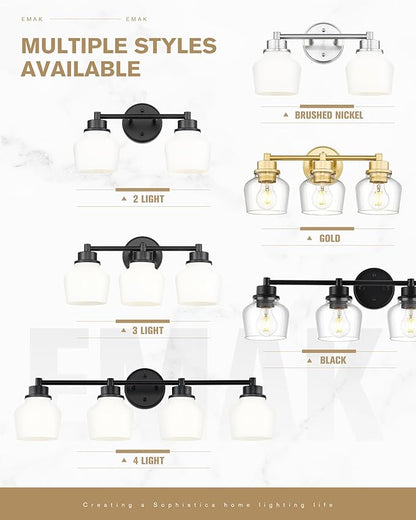 Emak 29 Inch Black Vanity Light, Farmhouse Bathroom Light Fixtures Wall Sconces with Milk Glass Shade, 4-Light Vanity Lights for Bathroom, Mirror, VL122-BK-ML-4
