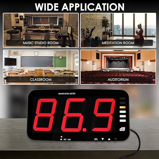 Decibel Meter Sound Level Meter with Data Logging, 13" Large LCD Display Wall Mounted Noise Meter for Classroom w/ 16.4ft Corded Sensor & Alarm Output for Studio Decibel Noise Measuring and Recording