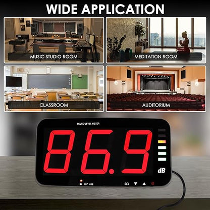 Decibel Meter Sound Level Meter with Data Logging, 13" Large LCD Display Wall Mounted Noise Meter for Classroom w/ 16.4ft Corded Sensor & Alarm Output for Studio Decibel Noise Measuring and Recording