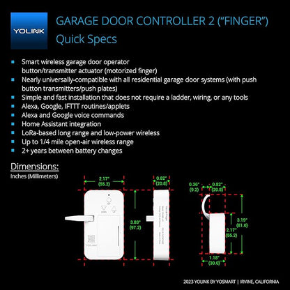 YoLink Finger - Remote Control Existing Garage Door Opener, 1/4 Mile World's Longest Range Garage Door Operator Controller, YoLink Hub Required