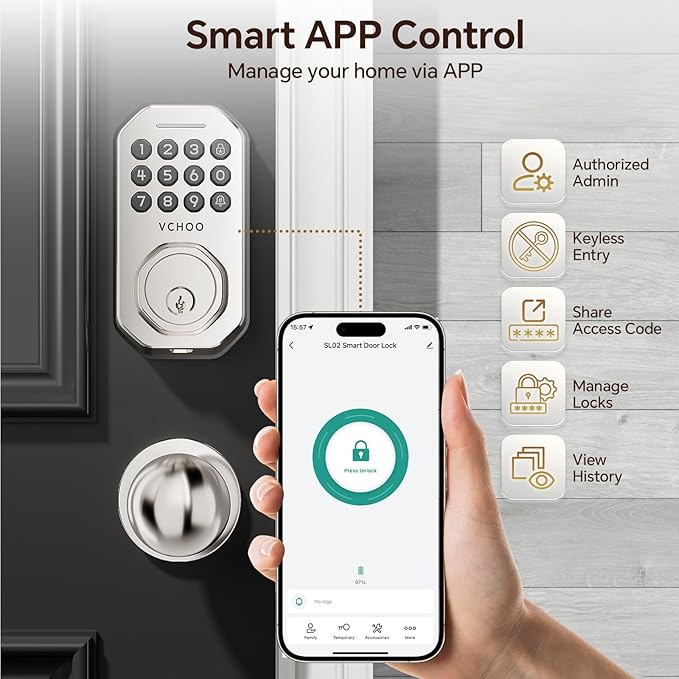 Keyless Entry Door Lock Set Smart Locks for Front Keypad Door Lock with Handle Automatic Lock One Time Password Anti Peeping Password IP54, Satin Nickel