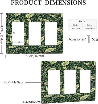 Vintage Green Plant Leaves Triple Rocker Light Switch Covers 3 Gang Outlet Cover Wall Plates Decorative Switch Plates Electrical GFCI Faceplate Switchplate for Home Decor 4.49 X 6.38 IN