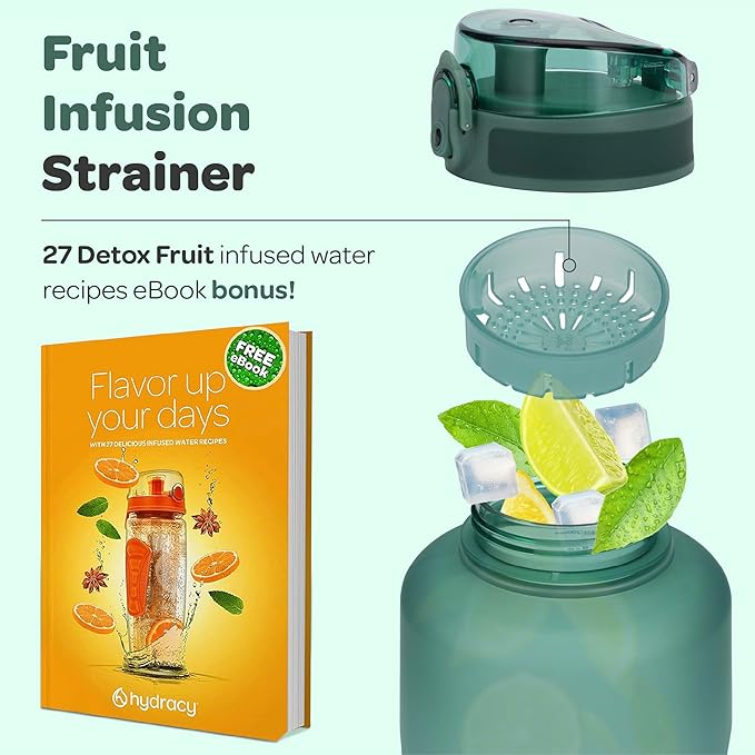 Hydracy Water Bottle with Time Marker -Large BPA Free Water Bottle & No Sweat Sleeve -Leak Proof Gym Bottle with Fruit Infuser Strainer & Times to Drink -Ideal for Fitness Sports & Outdoors