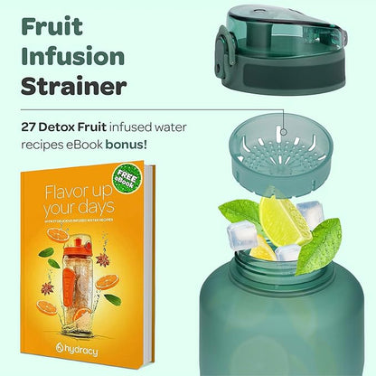 Hydracy Water Bottle with Time Marker -Large BPA Free Water Bottle & No Sweat Sleeve -Leak Proof Gym Bottle with Fruit Infuser Strainer & Times to Drink -Ideal for Fitness Sports & Outdoors
