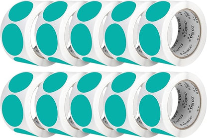 Perco Teal 2-Inch Perforated Circle Dot Sticker Labels — 10 Rolls, 5,000 Round Stickers — with Permanent Adhesive for Organizing, Color Coding, Bin Labeling, Packaging Alerts—Made in USA