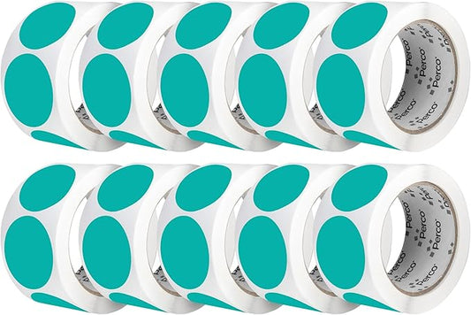 Perco Teal 2-Inch Perforated Circle Dot Sticker Labels — 10 Rolls, 5,000 Round Stickers — with Permanent Adhesive for Organizing, Color Coding, Bin Labeling, Packaging Alerts—Made in USA