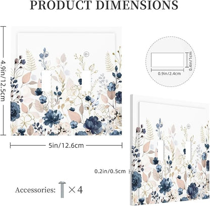 Blue Flora Boho Vintage Flower Golden Leaves Decorative Switch Plates 2 Gang Double Toggle Outlet Light Switch Cover Wall Plate Electrical Faceplate for Bedroom Living Room Decor