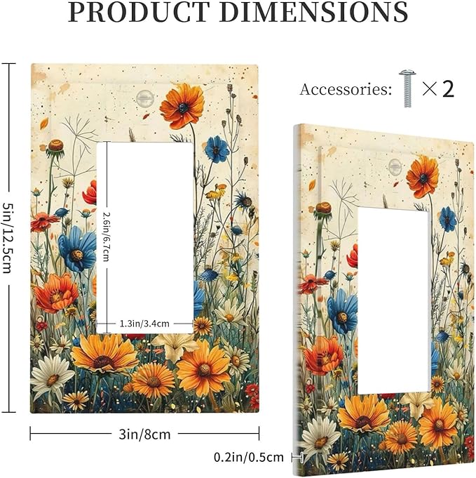 Decorative Outlet Covers Colorful Flowers Wildflowers Plants Orange Yellow Blue 1 Gang Single Rocker Light Switch Cover Plate GFCI Wall Plates Electrical Switch Plate Cover for Home Farmhouse Decor