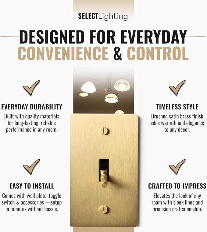 1-Gang Satin Solid Brass Plated Toggle Switch, 15A 120V AC Wall Mount, 3-Way Compatible Vintage Style Single Pole with Faceplate & Switch Module