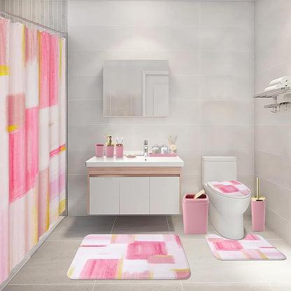 Bathroom Set - Pink and Gold Bathroom Accessories Set, Bathroom Sets with Shower Curtain and Rugs, Pink Shower Curtain Set with Bathroom Trash Can, Soap Dispenser, Soap Dish for Home Decor