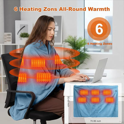 Graphene Heated Blanket Battery Operated, 20000mAh Battery 7.4V Fast Heating Blanket 70''x 35'' Portable Heated Shawl with Fleece Lining, Cordless Heated Shawl, Gift for Women (Blue)