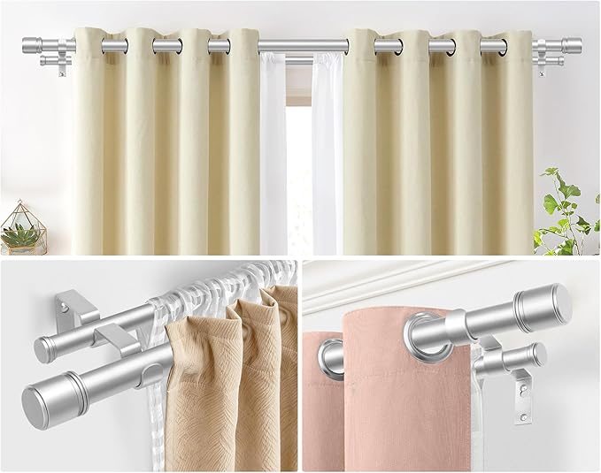 Double Curtain Rod 72 to 144 Inch, HOTOZON 1 Inch Heavy Duty Double Curtain Rods for Windows 60 to 140 Inches(5-11.6 ft), Telescoping Drapery Rod with Simple End Finials, Silver