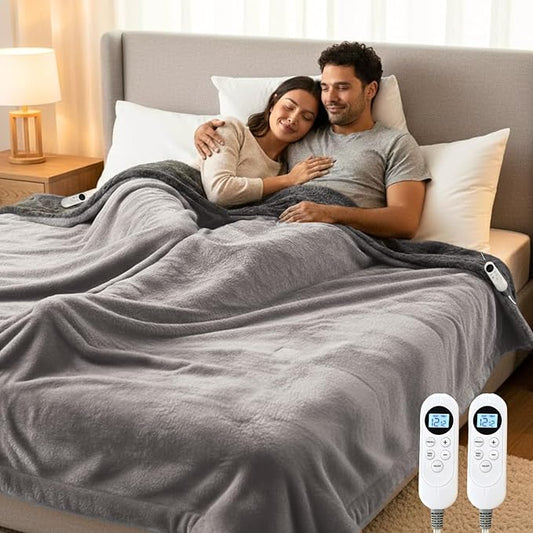 Heated Blanket Electric Blanket King 90"x100" Dual Control Flannel Heating Blanket with 12 Heat Levels 12H Timer Auto Shut-Off Overheat Protection Soft & Cozy Machine Washable (King Size (90"x100"))
