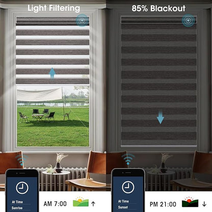 SmartWings Motorized Zebra Shades Compatible with HomeKit, Alexa SmartThings Google, Remote Control Light Filtering Sheer Shades, 85% Blackout Roller Shade, Smart Home/Office, River Stone, Customized