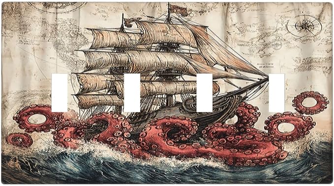 Light Switch Covers Vintage Octopus Ocean Sailboat Bizarre Adventure Quad Toggle 4 Gang Wall Plate Electrical Faceplate Decorative Switch Plates for Bathroom Kids room Decor