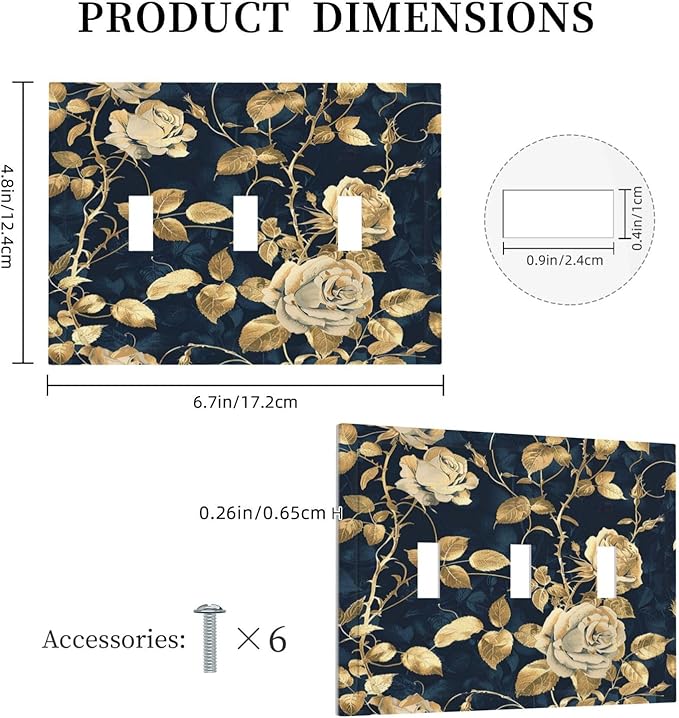 Decorative Switch Plates Boho Vintage Floral Golden Flower Dark Blue Background 3 Gang Wall Plate Triple Toggle Light Switch Cover Faceplate Electrical Wall Panels for Bedroom living Room