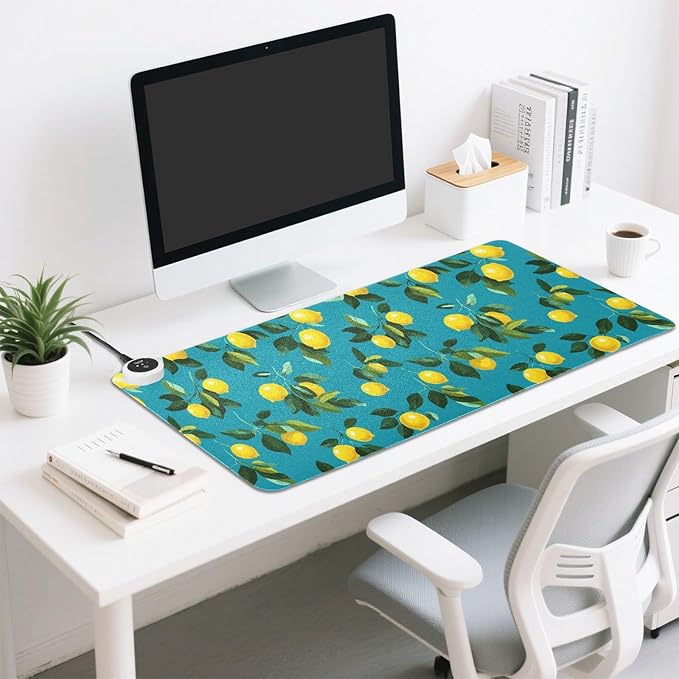 Heated Desk Pad Mouse Pad 31.5x13 Inch PU Leather Desk Mat with 3 Heat Levels Large Mouse Gaming Computer Laptop Mat Teal Lemons