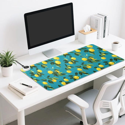 Heated Desk Pad Mouse Pad 31.5x13 Inch PU Leather Desk Mat with 3 Heat Levels Large Mouse Gaming Computer Laptop Mat Teal Lemons