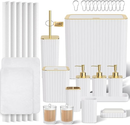 Bathroom Accessory Set - Bathroom Set, 27PC Bathroom Accessories Set, White Bathroom Sets with Shower Curtain and Rugs, Mini Trash Can, Toilet Brush, Trash Can & Soap Dispenser