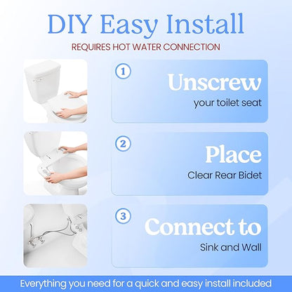 CLEAR REAR Bidet Attachment for Toilet Seat - Non-Electric, Self-Cleaning Dual Nozzle, Adjustable Water Pressure, Rear & Feminine Wash Hygienic Upgrades - Fits Elongated Toilets (Cold & Warm Water)