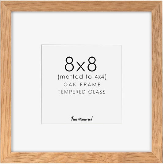 Fun Memories 8x8 Picture Frame, Solid Oak Wood 8 x 8 Picture Frames Matted to 4 x 4,Square 8 x 8 Wood Frame with Tempered Real Glass, Rustic 8x8 Photo Frame for Wall & Tabletop Display