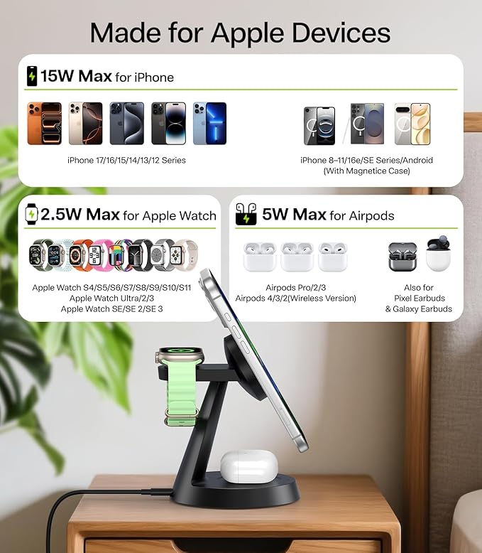 3 in 1 Charging Station for Apple Devices, 15W Fast Wireless Charger Compatible with MagSafe Charging Stand for iPhone 17 16 15 14 13 12 Series, Watch Charger Stand for Apple Watches & Airpods